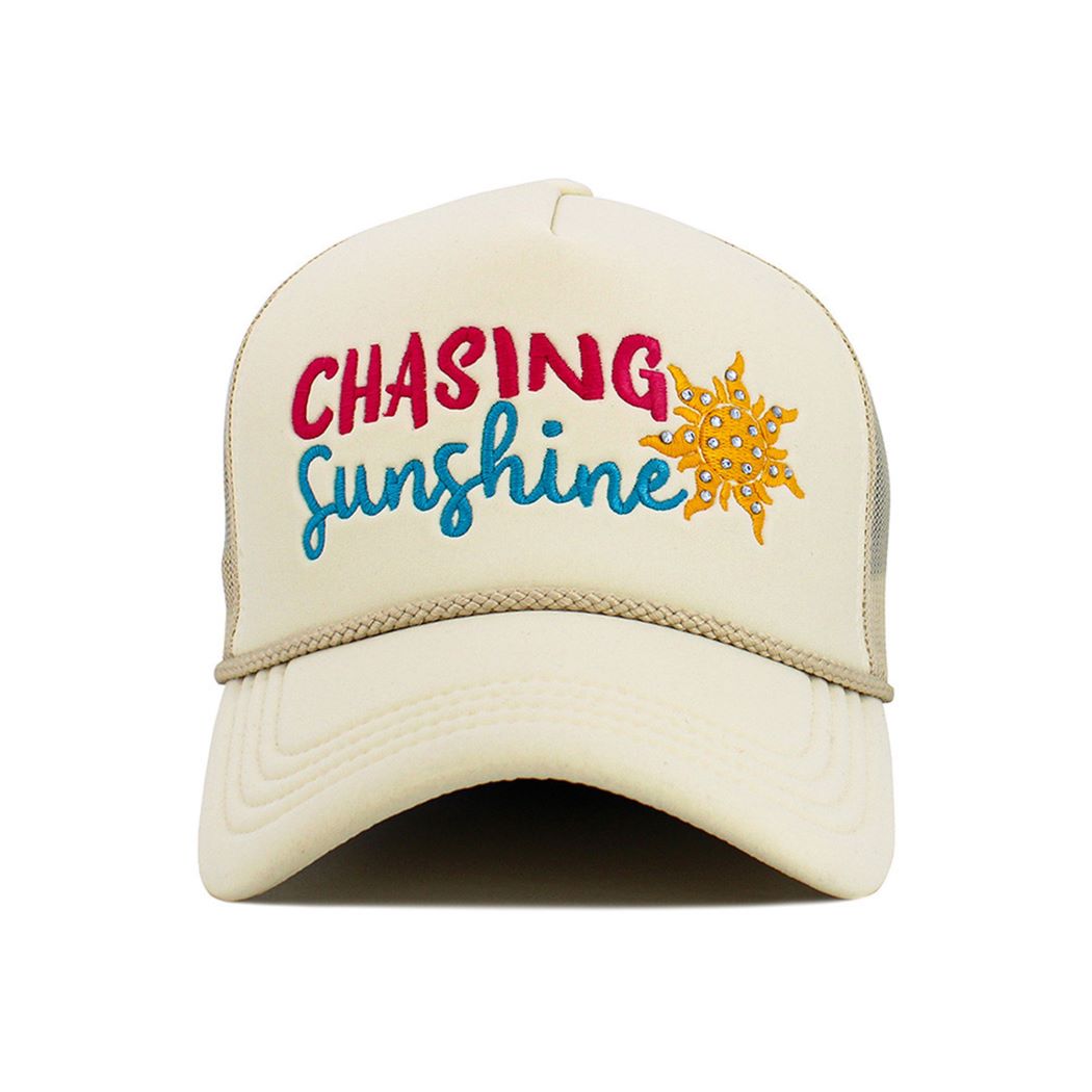 Ivory Stone Soak up warm-weather style with this CHASING SUNSHINE embroidered foam trucker hat, featuring a charming stone sun detail and breathable string mesh back. Lightweight and comfortable, it’s perfect for beach trips, road adventures, and everyday summer wear.