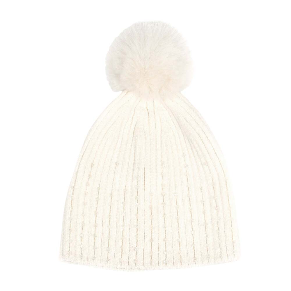 Ivory Stone Embellished Chenille Pom Pom Beanie Hat, wear this beautiful beanie hat with any ensemble for the perfect finish before running out the door into the cool air. An awesome winter gift accessory and the perfect gift item for Birthdays, Christmas, Stocking stuffers, holidays, anniversaries, Valentine's Day, etc.