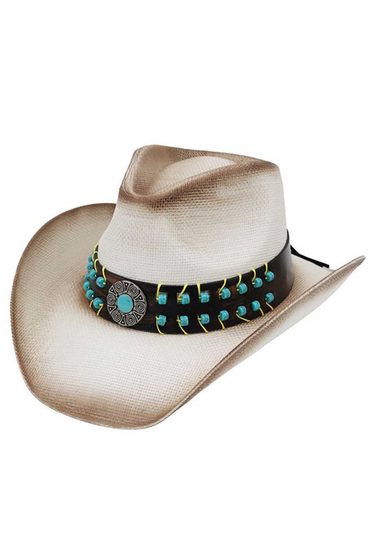 Ivory Embrace Western style with this striking cowboy hat featuring an antiqued concho and vintage turquoise beaded embellishments. Crafted from 100% paper, this lightweight hat delivers authentic cowgirl charm with a touch of bohemian flair. Perfect for festivals, ranch days, or making a bold fashion statement. The intricate beadwork and aged metal details add character and sophistication to any outfit.