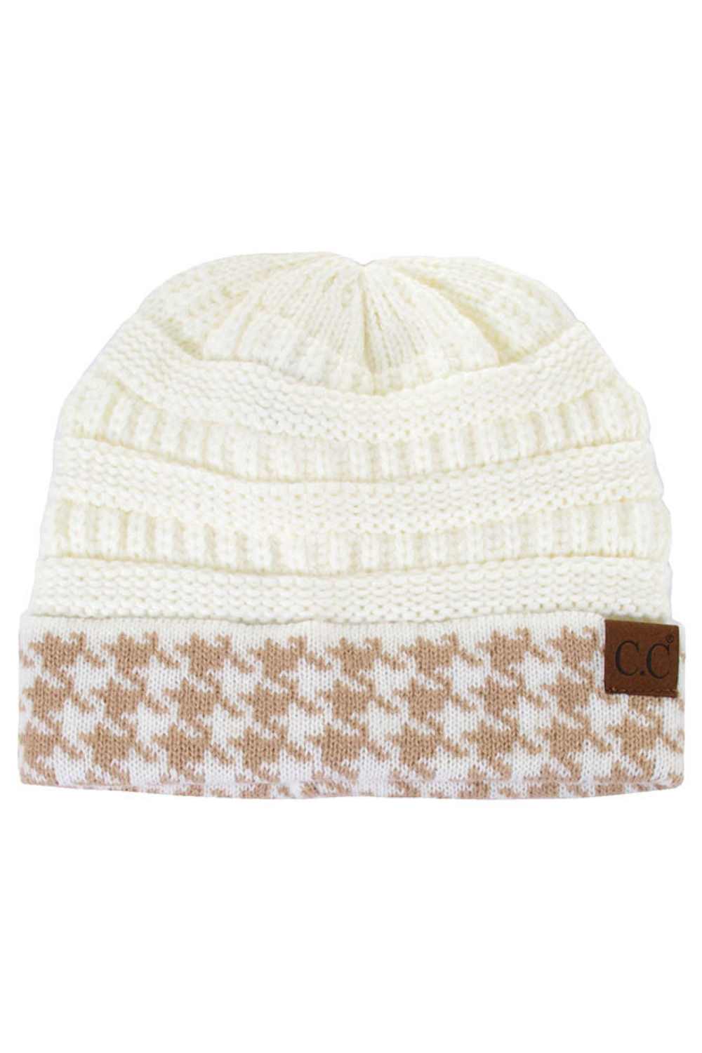 Ivory Beige Stay warm and stylish with the C.C Houndtooth Cuff Beanie, crafted from 100% acrylic for softness and durability. The classic houndtooth pattern on the cuff adds a timeless touch to your winter look, while the stretchy knit ensures a comfortable fit all day long. A versatile essential for any season.