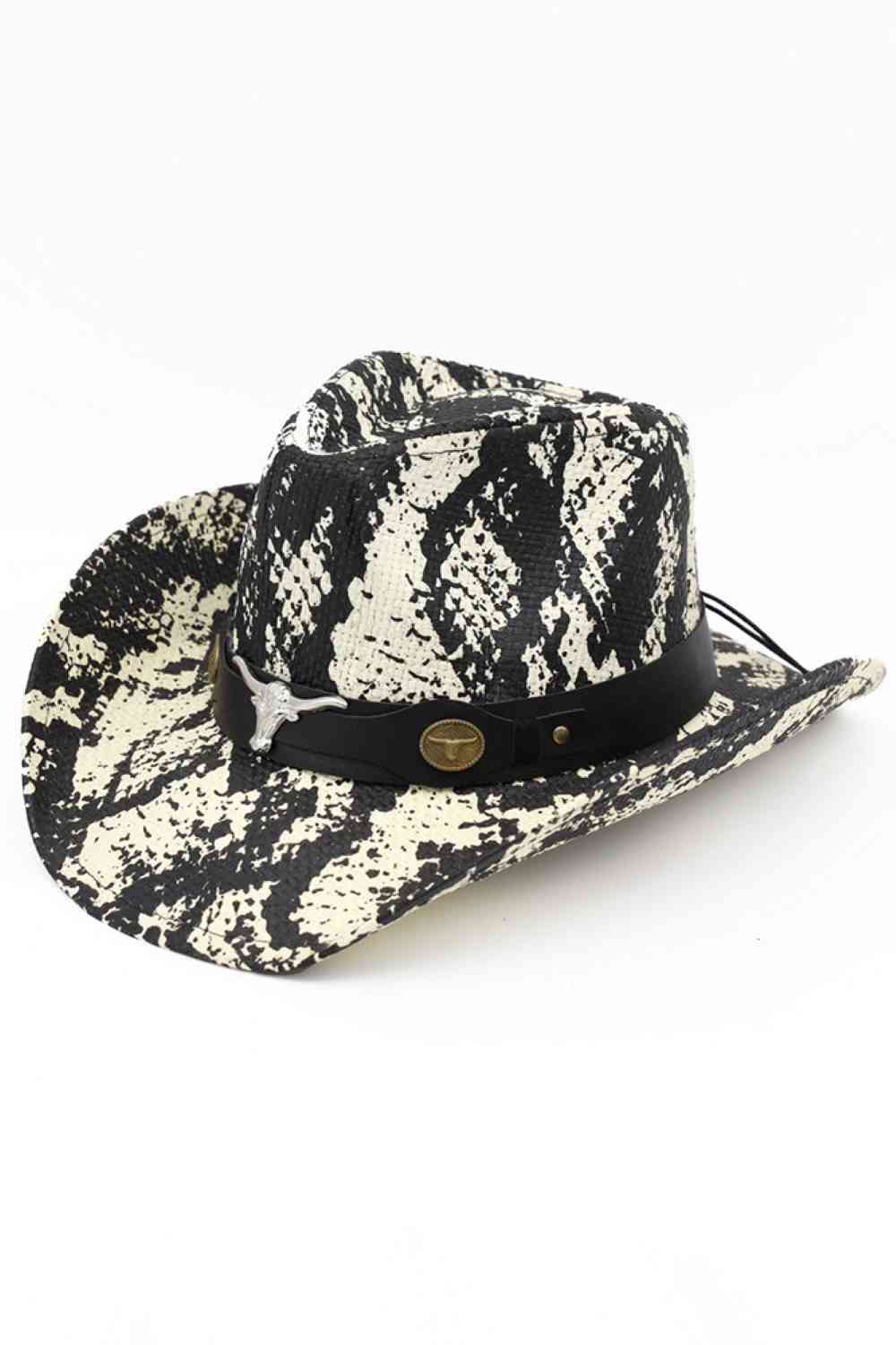Ivory Make a bold statement with this striking Bull Head Accent Snake Print Cowboy Hat. Crafted from 100% paper, this lightweight cowboy hat features an eye-catching snake print design with a distinctive bull head accent that sets it apart from traditional western wear. Perfect for rodeos, country festivals, or adding an edgy touch to your everyday style. The breathable paper construction keeps you comfortable in warm weather while the classic cowboy silhouette delivers authentic western flair. Whether you'