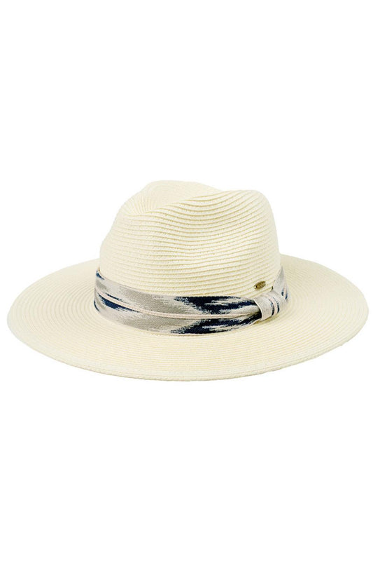 Ivory Stay shaded in style with this classic Panama sun hat featuring a striking Aztec pattern band. Crafted from a breathable blend of 80% paper and 20% polyester, it offers lightweight comfort perfect for warm weather adventures. With a generous 3" brim to shield your face and a 4" crown for a flattering fit, this one-size hat delivers both sun protection and timeless appeal. The circumference measures 22.6" for a secure, comfortable wear. Whether you're heading to the beach, garden, or outdoor event, thi