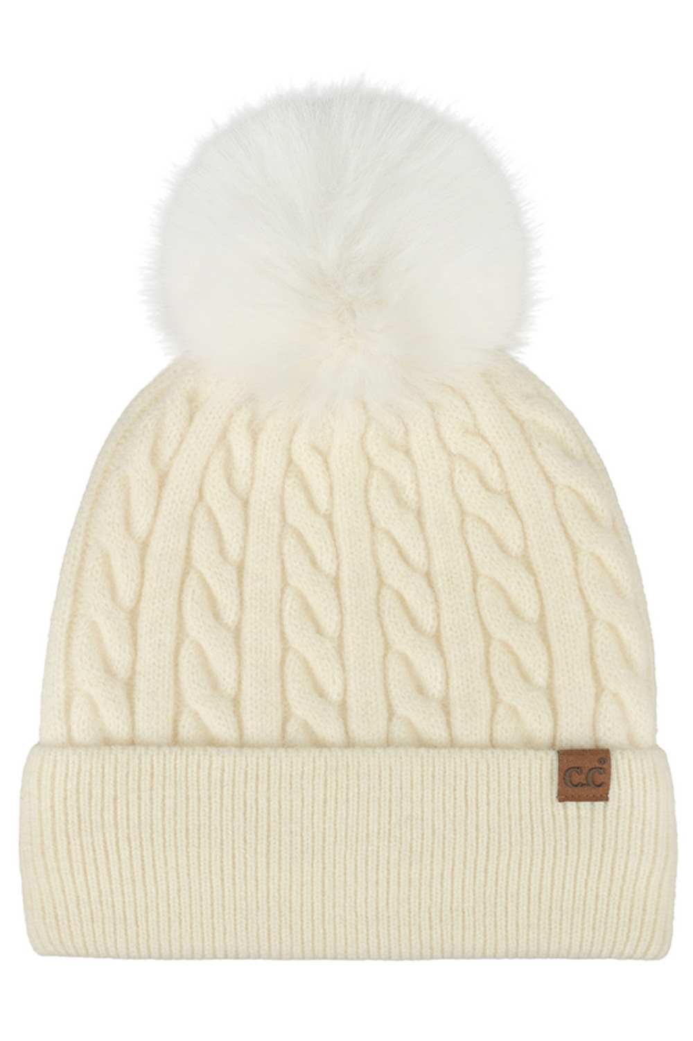 Ivory C.C Cable Knit Pattern Pom and Cuff Beanie Hat features a classic cable-knit texture topped with a fluffy pom for a cozy, timeless winter look. Finished with a soft cuff and stretch fit, it keeps you warm and comfortable while adding effortless style to cold-weather outfits.