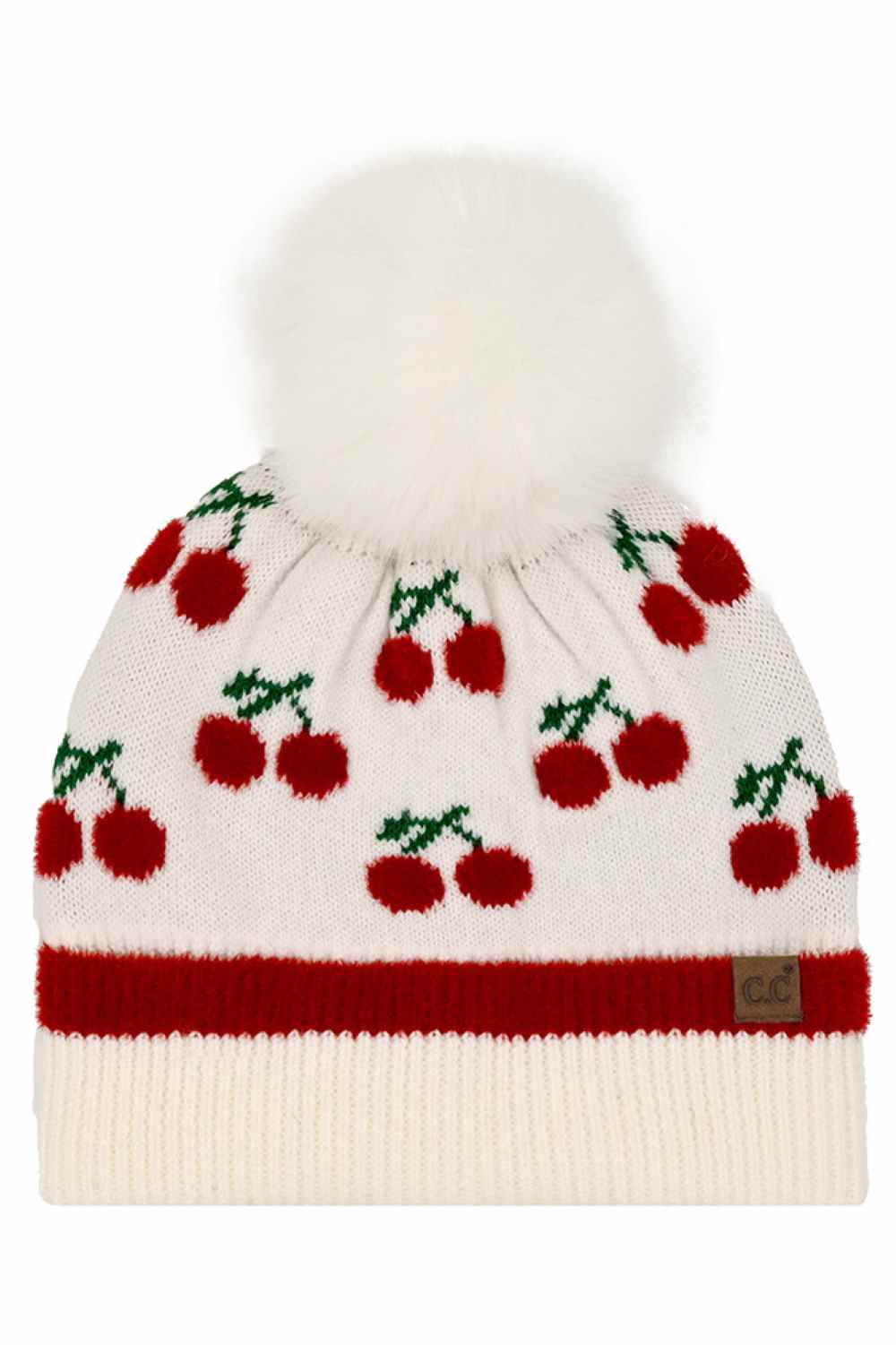 Ivory CC Beanie Cherry Pattern Pom Beanie Winter Hat features a cute cherry knit design topped with a fluffy pom for a playful, cozy cold-weather look. Made with a soft stretch fit, it keeps you warm and comfortable while adding charming style to your winter outfits.
