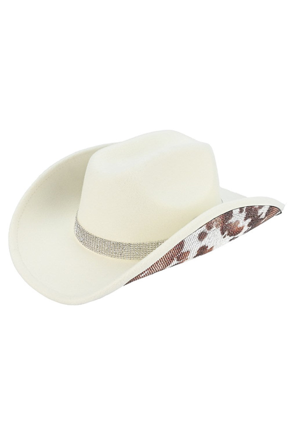 Ivory Make a statement with this eye-catching C.C Leopard Pattern Rhinestone Felt Cowboy Hat. Crafted from 100% polyester vegan felt, it features a bold leopard print adorned with sparkling rhinestones for added glamour. The structured design includes a 3.5" brim and 5" crown, with a comfortable 22.63" circumference that fits most head sizes. Perfect for adding Western flair to any outfit, whether you're hitting the rodeo or embracing cowboy-chic style. One size fits all.