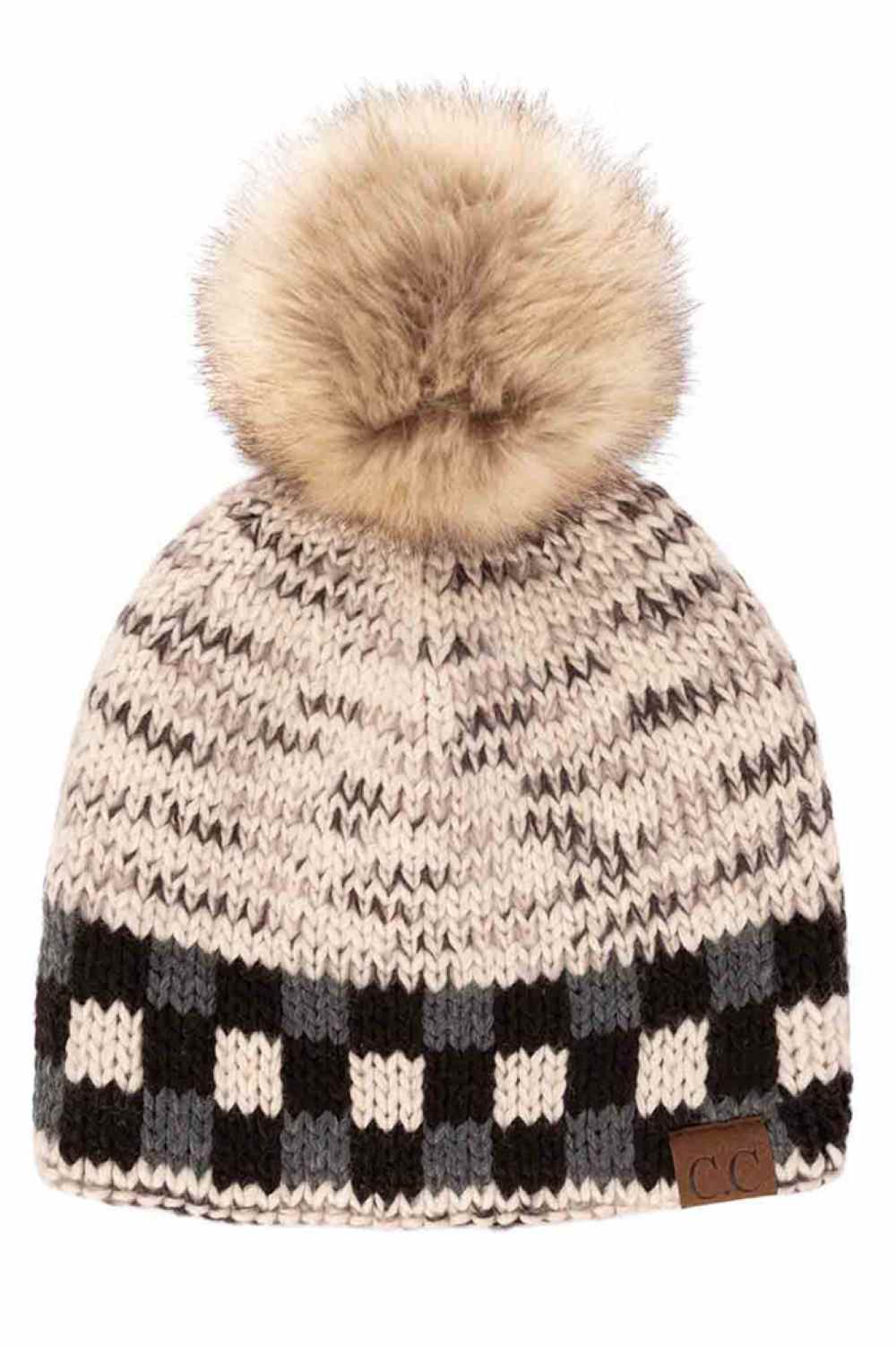 Ivory Stay cozy in style with the C.C Heather Chunk Beanie featuring a trendy check pattern band for a modern, eye-catching touch. Crafted with soft, warm knit fabric, it offers comfortable coverage and a snug fit for chilly days.