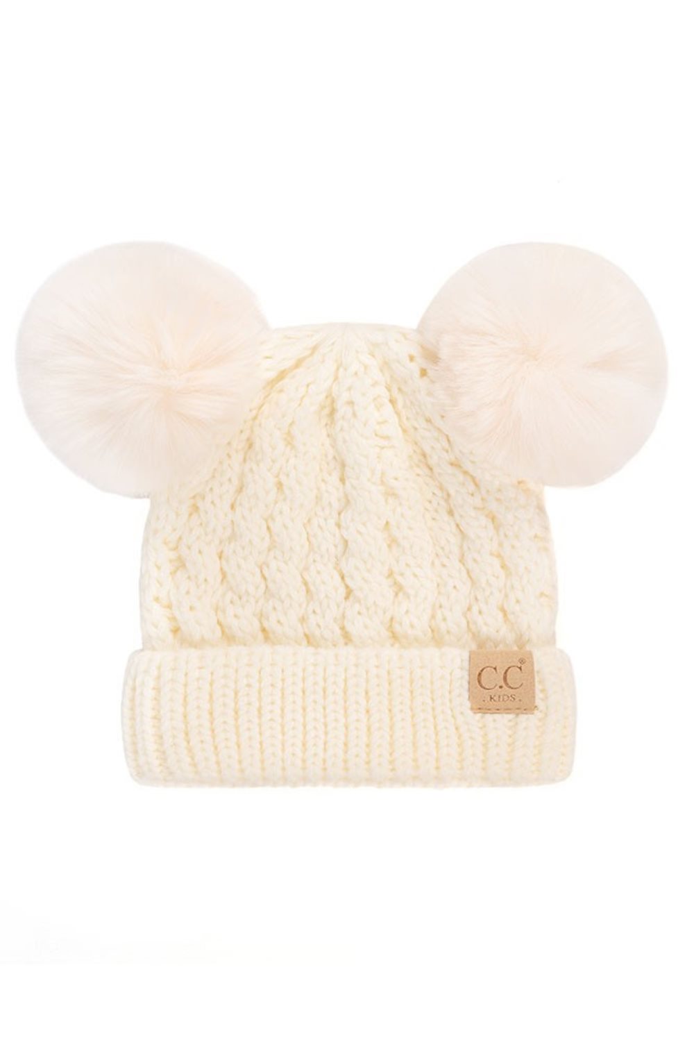Ivory Keep your child warm and stylish with this C.C Kids Double Pom Pom Beanie, featuring an all-over cable knit pattern. Made from 100% acrylic, it's soft, durable, and easy to care for. The playful double pom poms add a fun touch kids love.