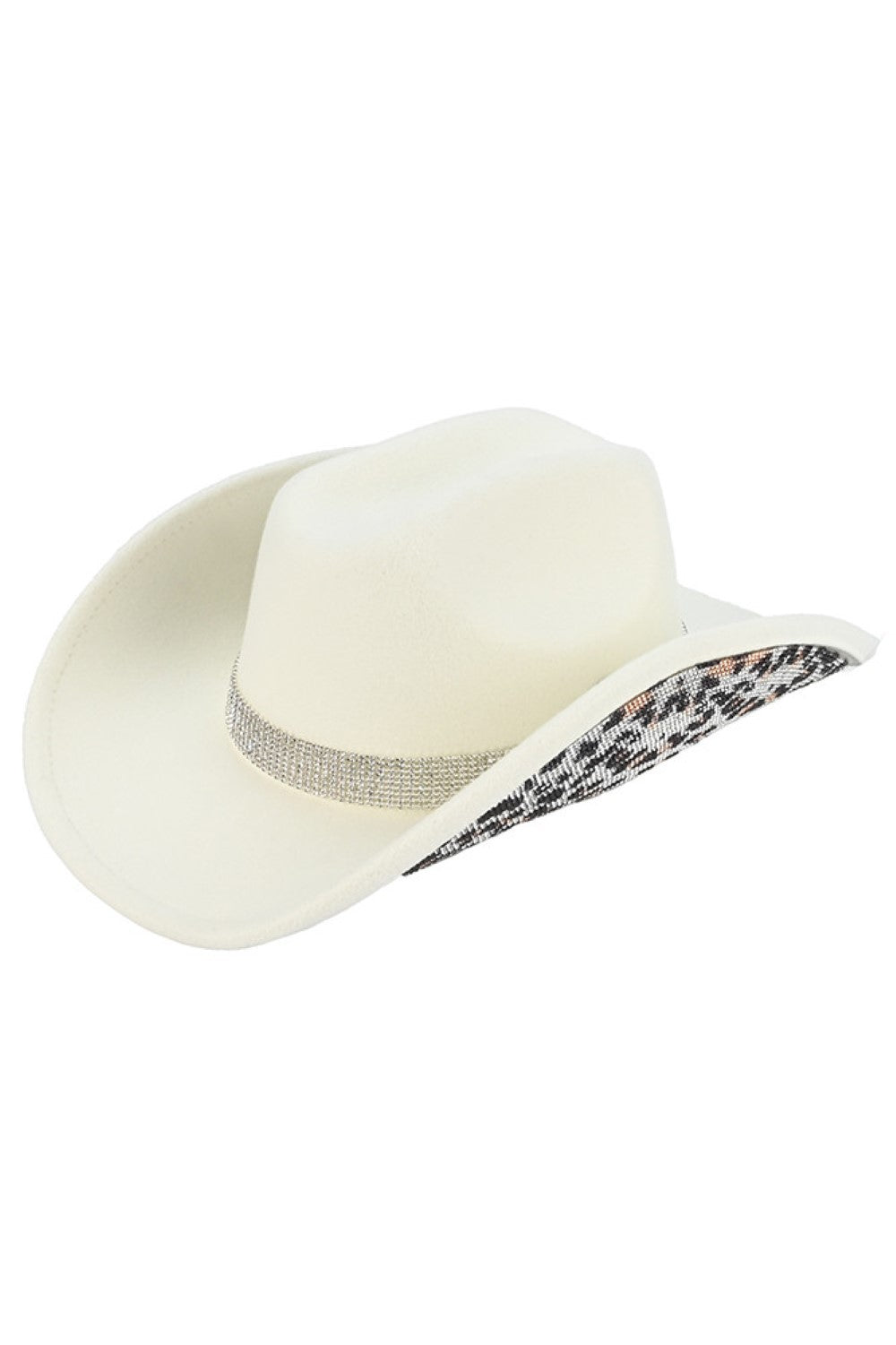Ivory Make a statement with this C.C Leopard Pattern Rhinestone Cowboy Hat, where bold animal print meets sparkling embellishment. Constructed from 100% polyester vegan felt, this hat offers a soft, suede-like texture with lasting durability. The rhinestone accents add glamorous detail perfect for Western-inspired outfits, festivals, or standout everyday style. With a 3.5" brim and 5" crown, it's designed for a comfortable fit. One size fits most with a 22.63" circumference. Made in China.