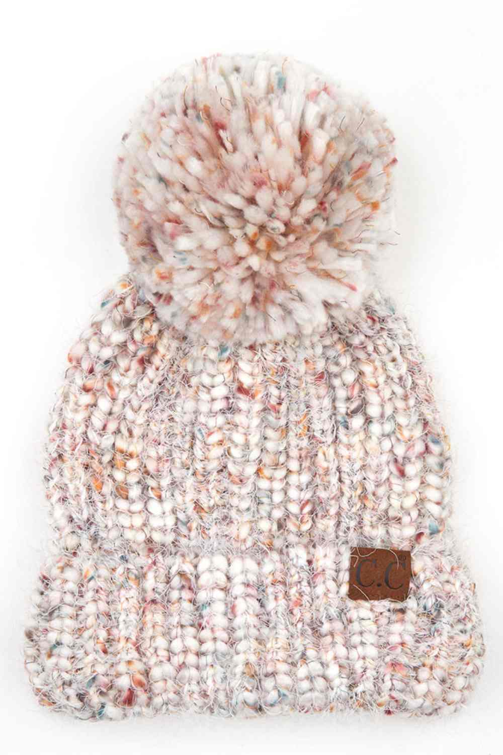 Ivory The C.C Multicolor Feather Yarn Beanie with Pom is a cozy, stylish knit hat featuring vibrant, multicolored yarn and a playful pom-pom on top. Perfect for adding a pop of color to your winter wardrobe while keeping you warm and comfortable.