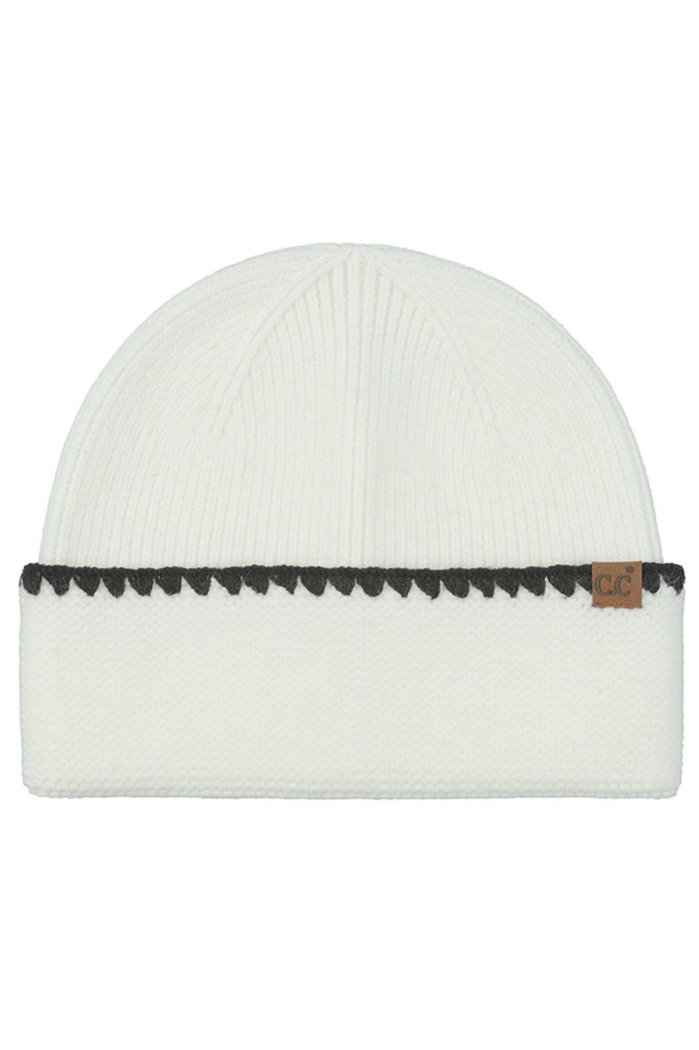 C.C Solid with Stitch Lined Cuff Ivory Beanie Winter Hat features a clean solid knit design with subtle stitch-lined cuff detailing for a polished winter look. Crafted with a soft stretch fit, it keeps you warm and comfortable while adding understated style to your cold-weather outfits.