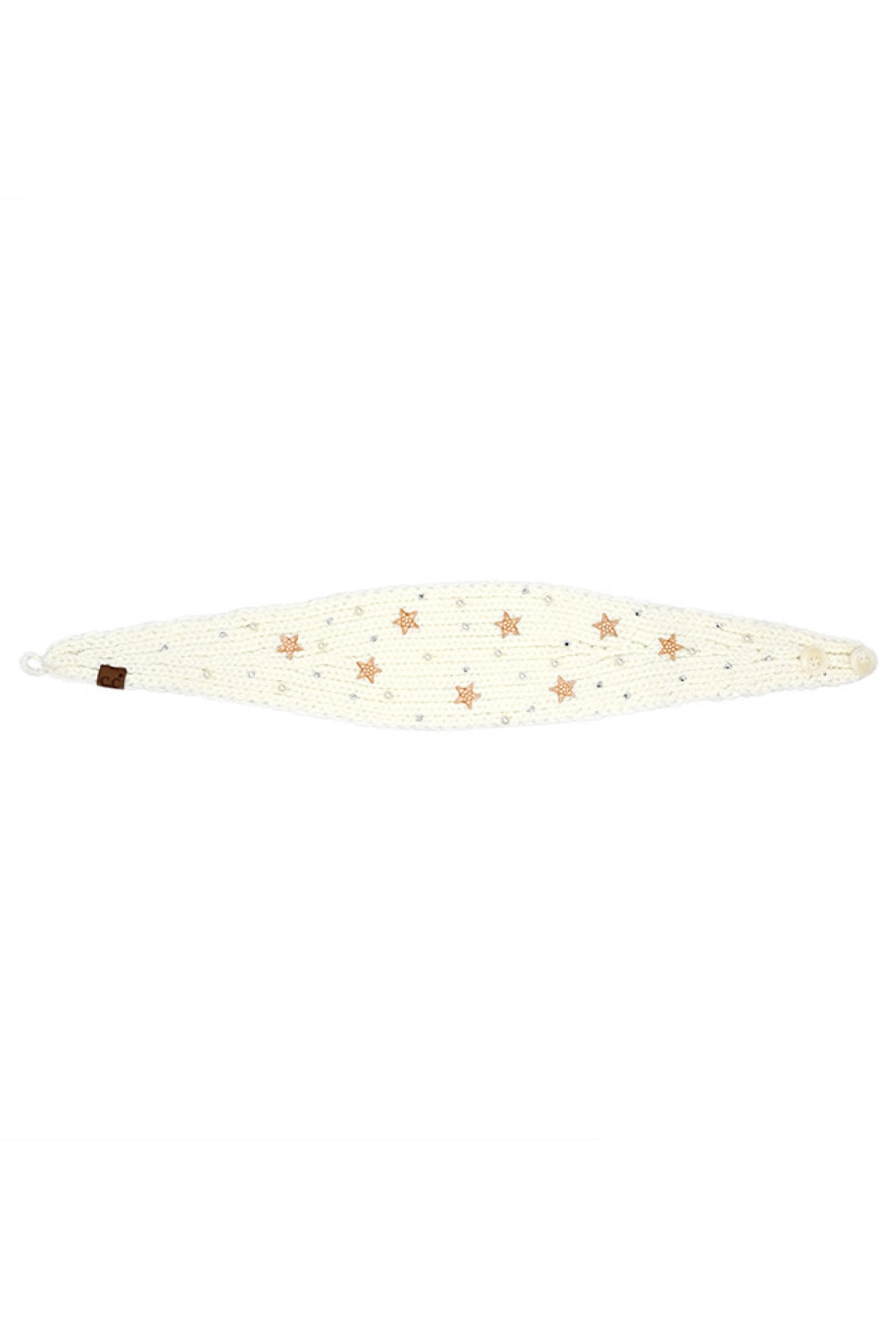 Ivory Elevate your winter style with this chic C.C head wrap featuring delicate star and pearl embellishments. Crafted from soft, stretchy 100% acrylic, it keeps you warm while adding a touch of sparkle to any outfit. The generous 9.5" - 10" x 4" sizing fits most head shapes comfortably. Perfect for casual days, outdoor adventures, or layering under hats. One size fits all. A versatile accessory that transitions seamlessly from day to night.