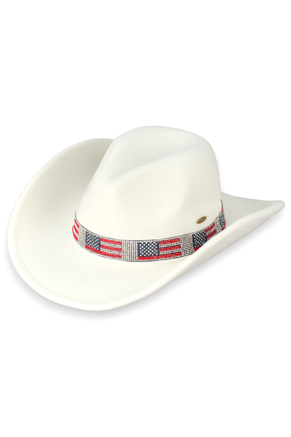 Ivory Elevate your Western wardrobe with this C.C Cowboy Hat, featuring a striking US American flag rhinestone trim band. Crafted from 100% polyester vegan felt, it delivers a luxurious suede-like feel with exceptional durability.&nbsp; Whether you're dressing up for an event or adding flair to everyday looks, this statement piece makes an unforgettable impression.
