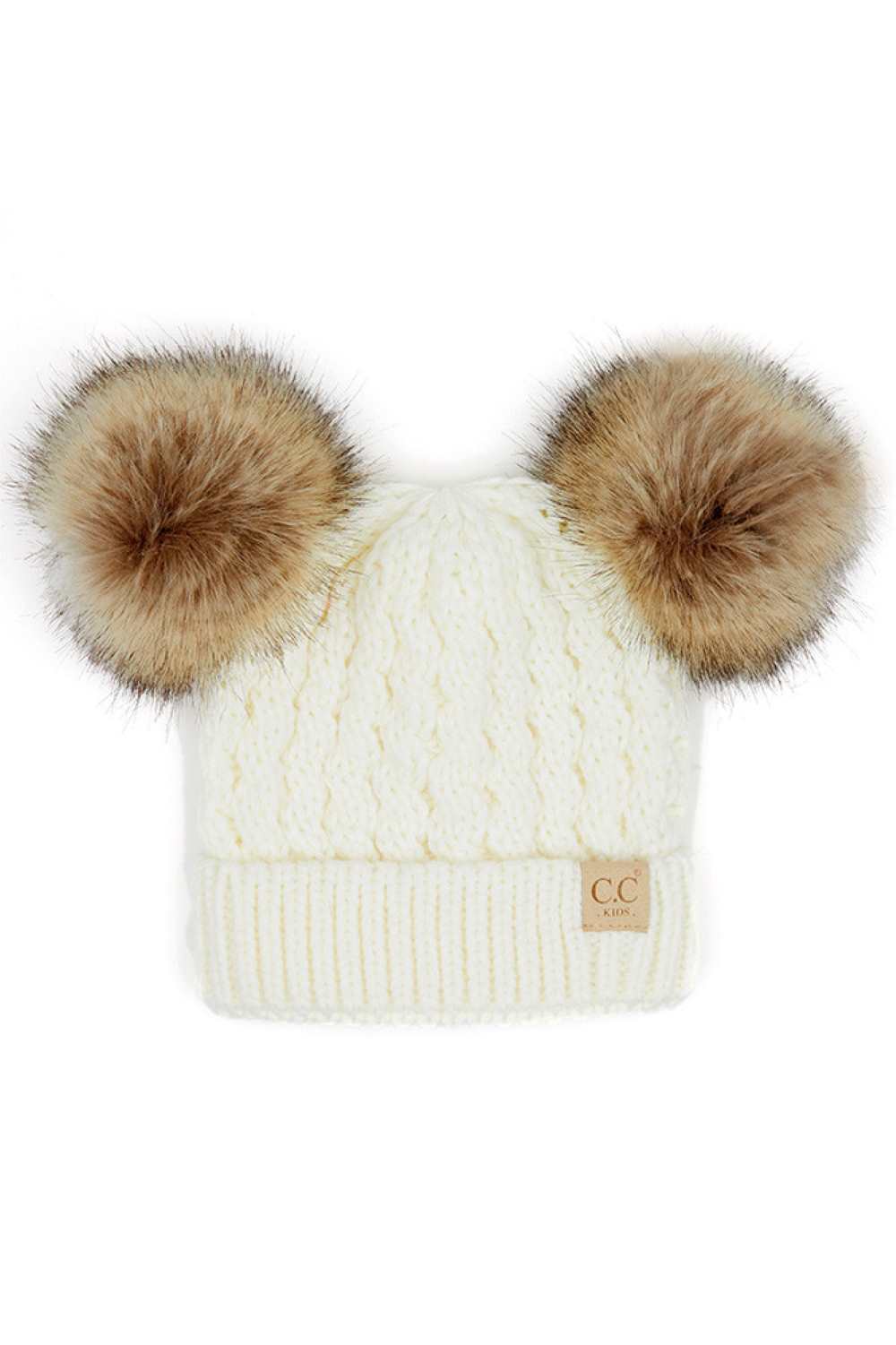 Ivory Keep your child warm and stylish with this C.C Kids Double Pom Pom Beanie. Featuring an all-over cable knit pattern and dual pom poms for extra charm, it's the perfect accessory for chilly days.