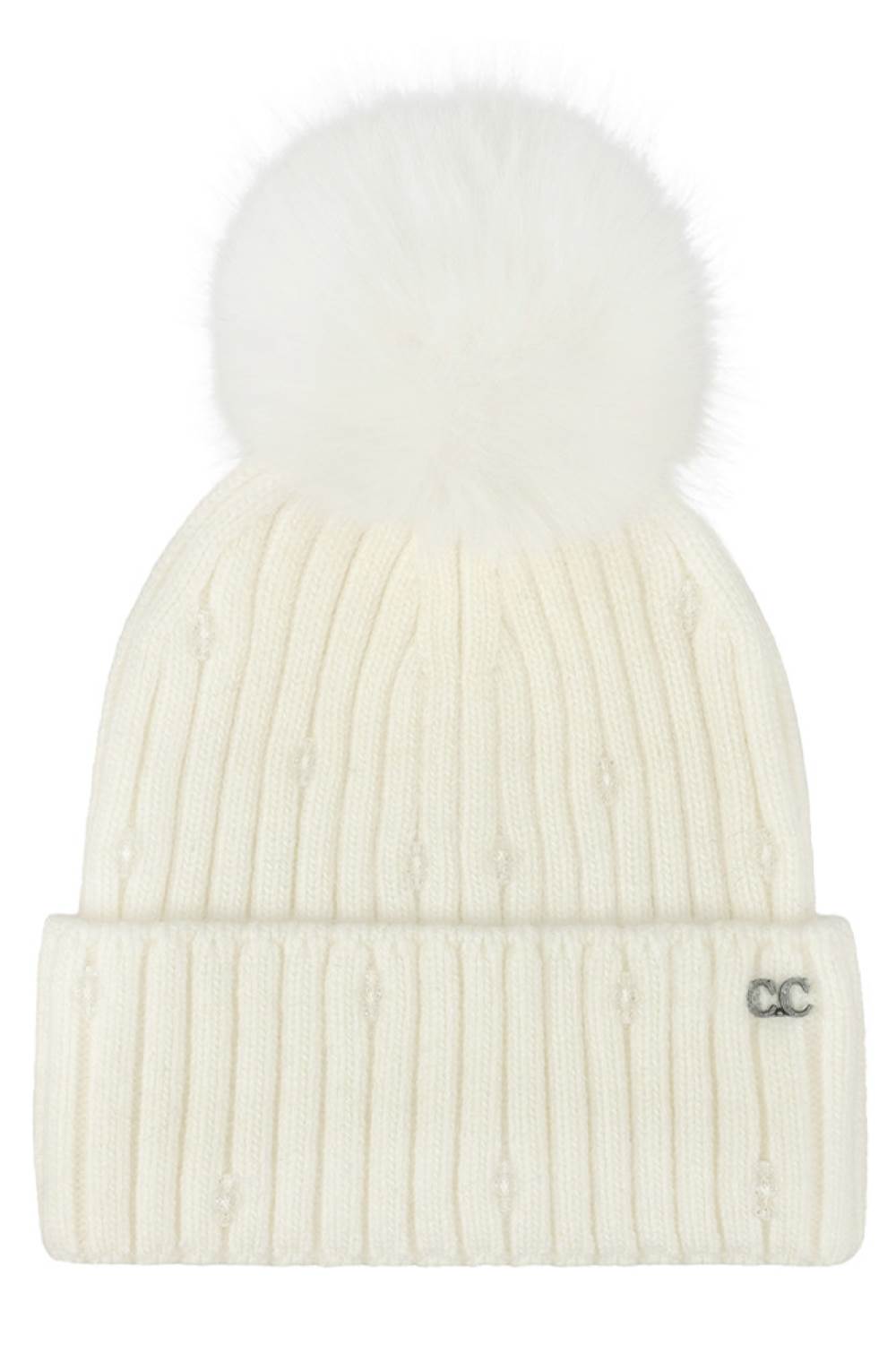 Ivory C.C Glass Bead Embellishment with Faux Fur Pom Cuff Beanie Winter Hat sparkles with elegant glass bead detailing and is finished with a plush faux-fur pom for a stylish cold-weather look. Crafted with a soft stretch fit, this cozy cuff beanie keeps you warm while adding a touch of glam to your winter outfits.