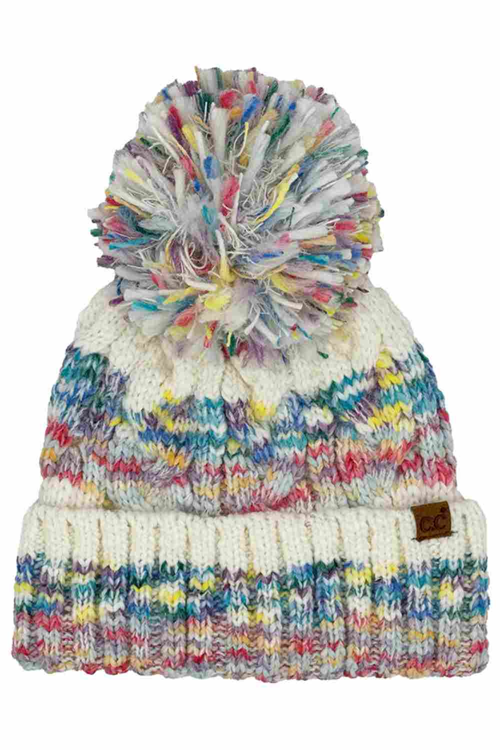 Ivory CC Beanie Cherry Pattern Pom Beanie Winter Hat features a cute cherry knit design topped with a fluffy pom for a playful, cozy cold-weather look. Made with a soft stretch fit, it keeps you warm and comfortable while adding charming style to your winter outfits.