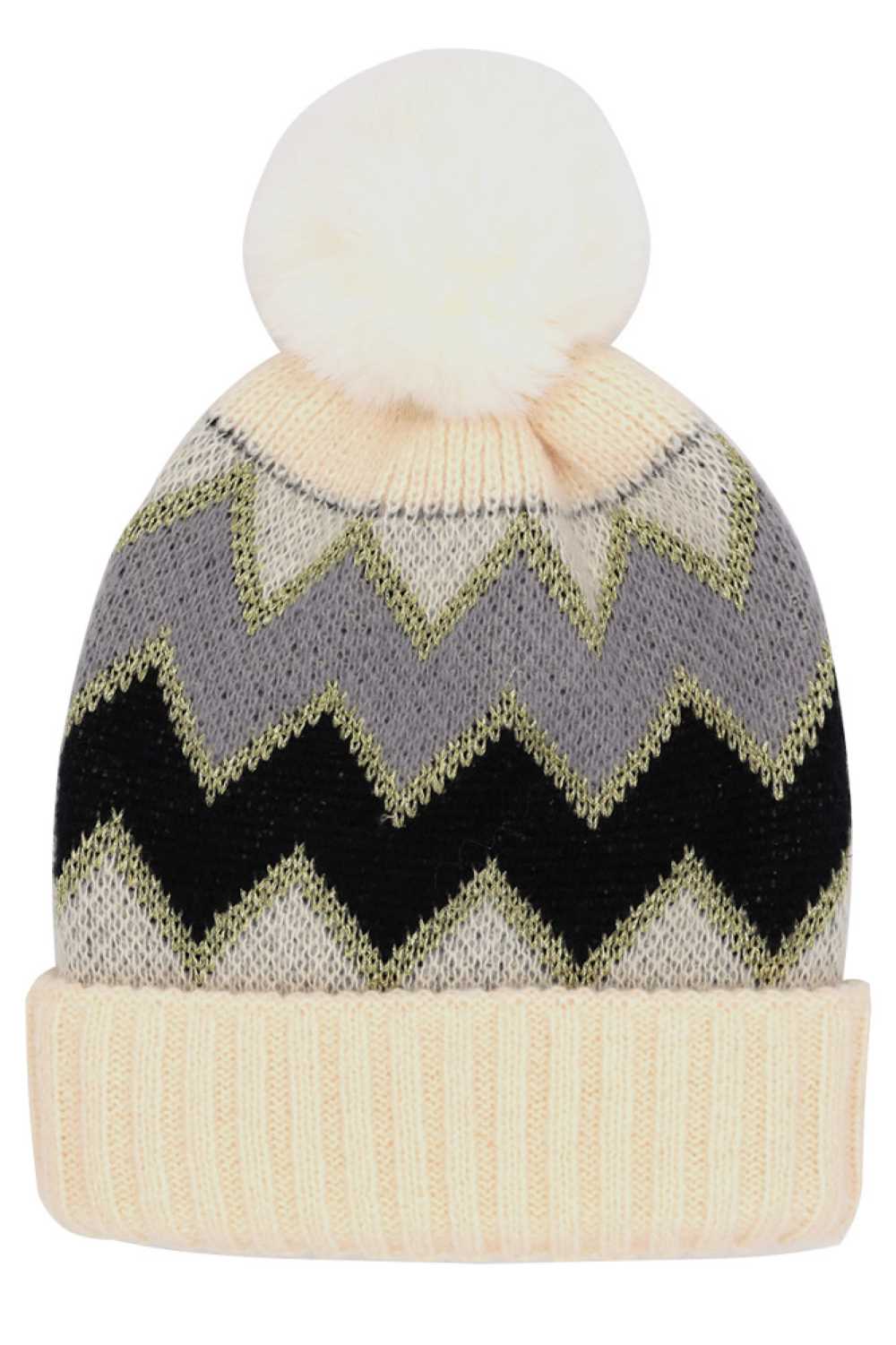 Ivory Chevron PomPom Fuzzy Fleece Beanie features a bold chevron pattern with a soft, fuzzy fleece texture and a playful pompom for a cozy, stylish winter look. Designed with a comfortable stretch fit, it keeps you warm while adding fun flair to your cold-weather outfits.
