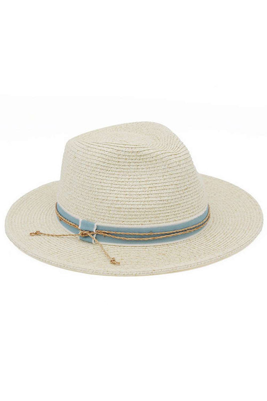 Ivory Elevate your sun style with this classic straw fedora, crafted from a breathable 80% paper and 20% polyester blend. The sophisticated contrast ribbon paired with intricate braided cord detailing adds a refined touch to any warm-weather outfit. Built-in UPF 50+ protection shields your face and neck from harmful rays, making it as practical as it is fashionable. Perfect for beach days, garden parties, or casual outings. Lightweight and comfortable for all-day wear. 