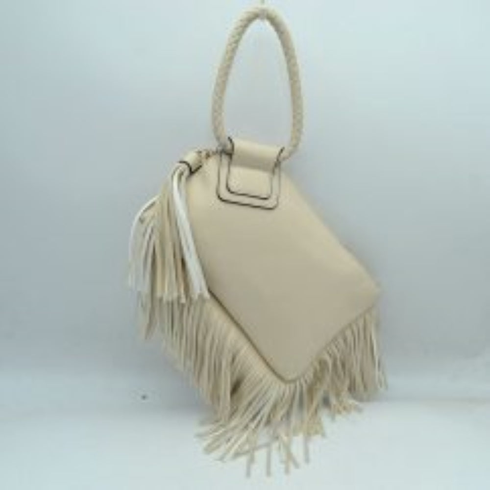 Ivory This everyday clutch bag features a smooth, structured body prominently styled with long cascading fringe accents along the lower trim and side panel. Designed for convenient hand carrying, it is equipped with a distinctively braided, circular top handle anchored securely to a reinforced upper flap. The main storage compartment features a secure top zipper closure with metallic teeth