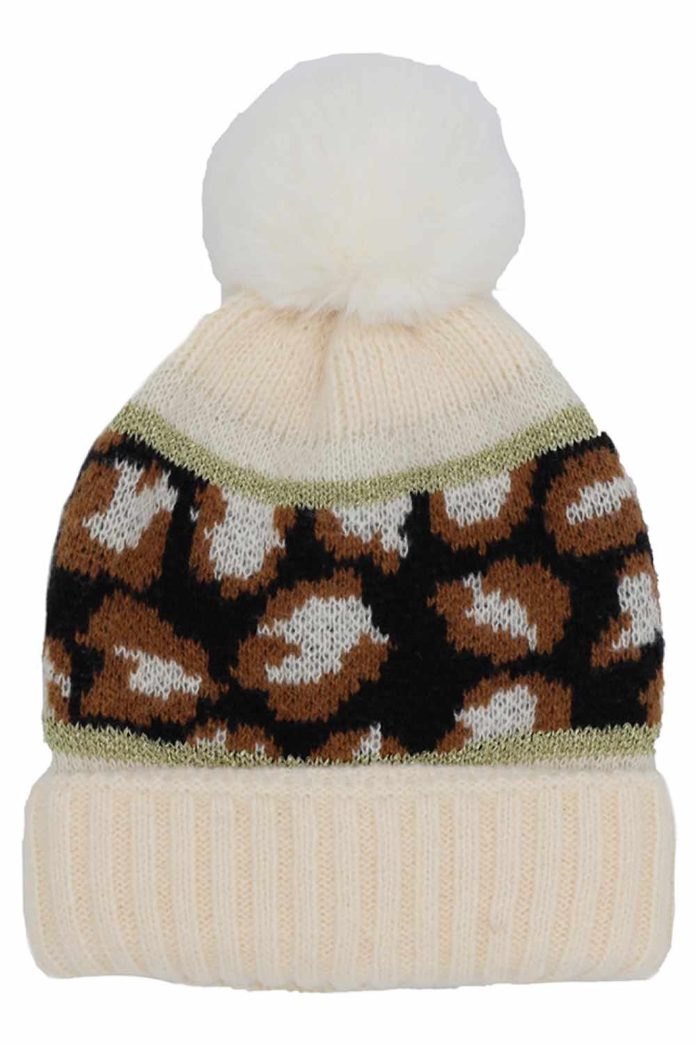 Ivory Leopard PomPom Beanie features a bold leopard print design topped with a fluffy pompom for a trendy, winter-ready look. Made with a soft stretch fit, it delivers cozy warmth while adding stylish flair to your cold-weather outfits.
