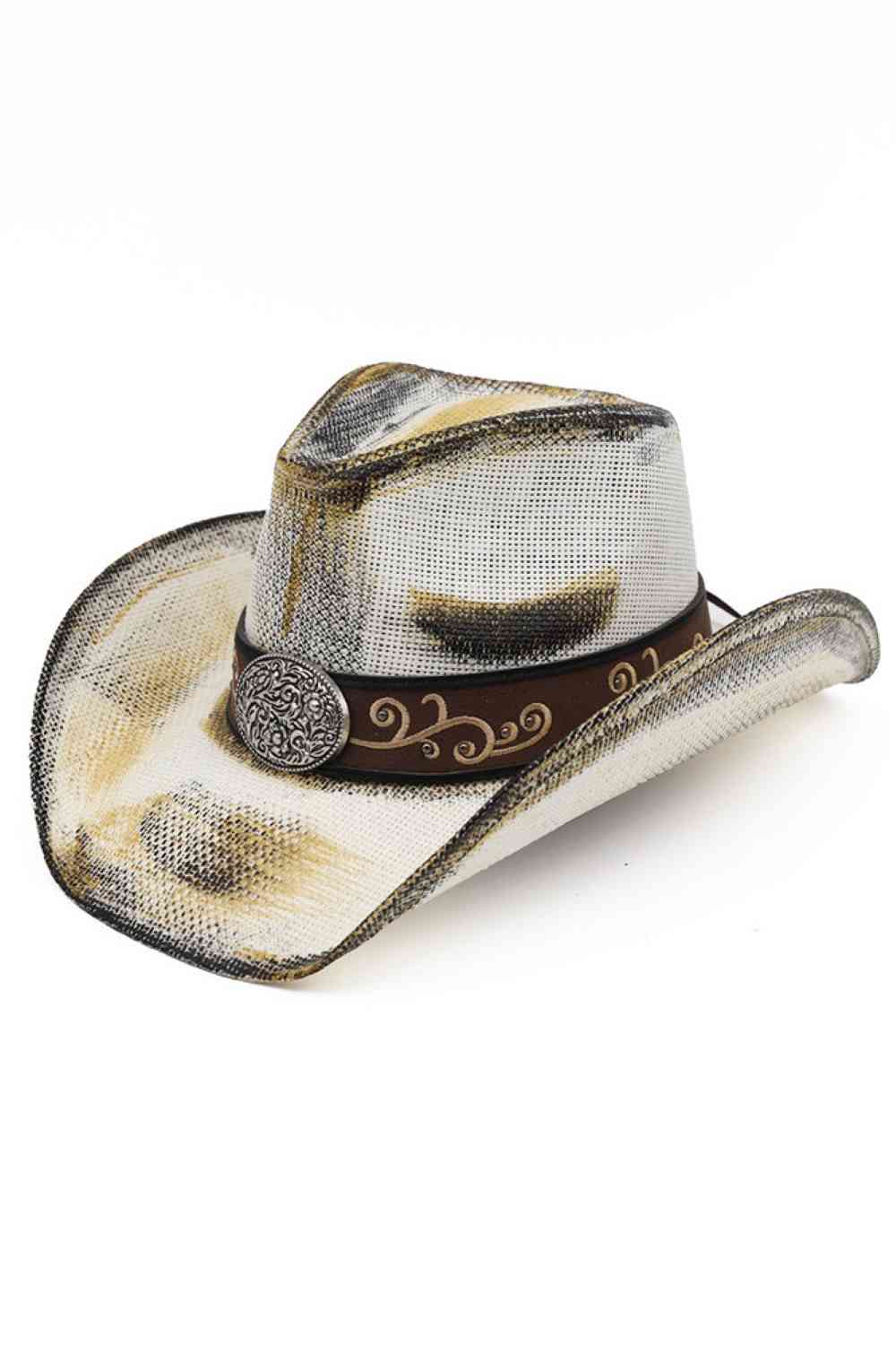 Ivory Embrace Western style with this rustic straw cowboy hat, featuring a faux leather band adorned with beads and studs for authentic cowgirl charm. Crafted from 100% paper material, it's lightweight and breathable perfect for outdoor adventures, festivals, or everyday wear. The silver accents add a touch of sparkle to your look. Made in China.