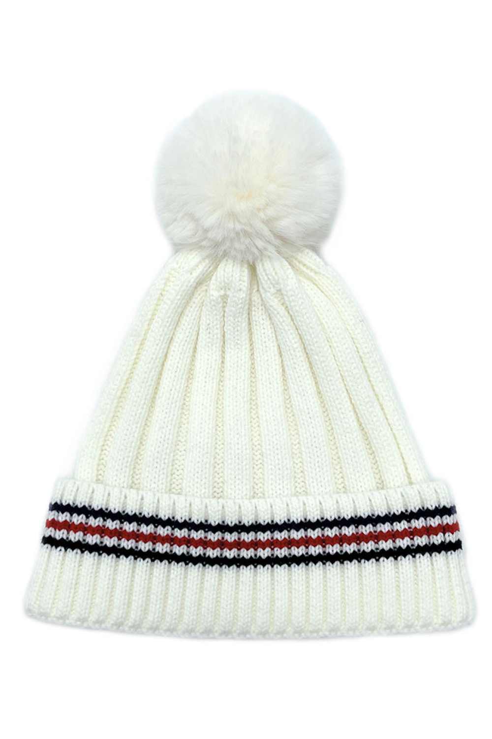 Ivory Add a cozy-chic touch to your winter wardrobe with this Stripe Rib Super Soft Cuff Beanie, designed for warmth and everyday comfort. Finished with a luxurious faux fur pom, it delivers a stylish look while keeping you snug on colder days.