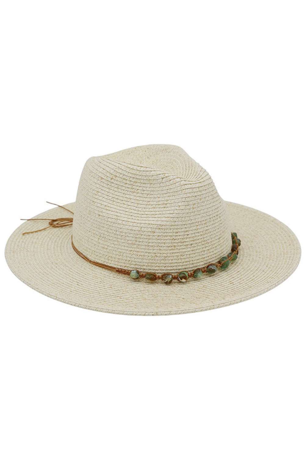 Ivory Shield yourself from the sun in style with this summer straw fedora. Crafted from a breathable blend of 80% paper and 20% polyester, it offers lightweight comfort for warm-weather days. The turquoise stone band adds a vibrant pop of color to any outfit. With UPF 50+ protection, you'll stay safe from harmful rays while enjoying the outdoors. Perfect for beach trips, garden parties, or casual summer adventures.