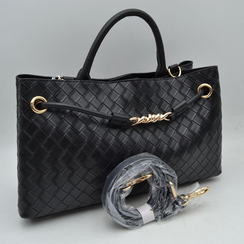 Woven Checkerboard Top-Handle Tote Bag with Detachable Crossbody Strap - Black - Tote Bag