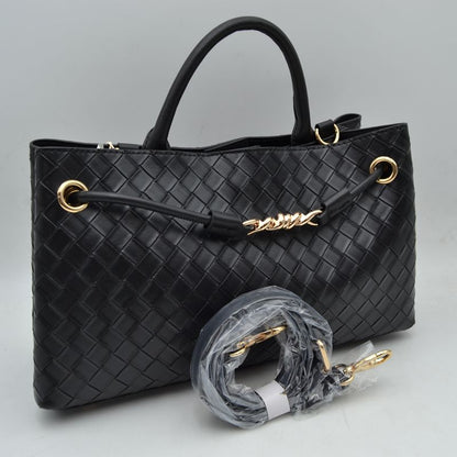 Woven Checkerboard Top-Handle Tote Bag with Detachable Crossbody Strap - Black - Tote Bag
