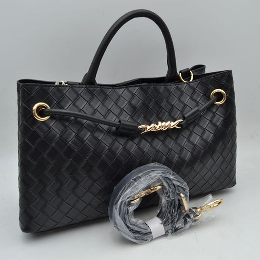 Woven Checkerboard Top-Handle Tote Bag with Detachable Crossbody Strap - Black - Tote Bag