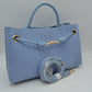 Woven Checkerboard Top-Handle Tote Bag with Detachable Crossbody Strap - Blue - Tote Bag