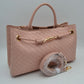 Woven Checkerboard Top-Handle Tote Bag with Detachable Crossbody Strap - Blush - Tote Bag