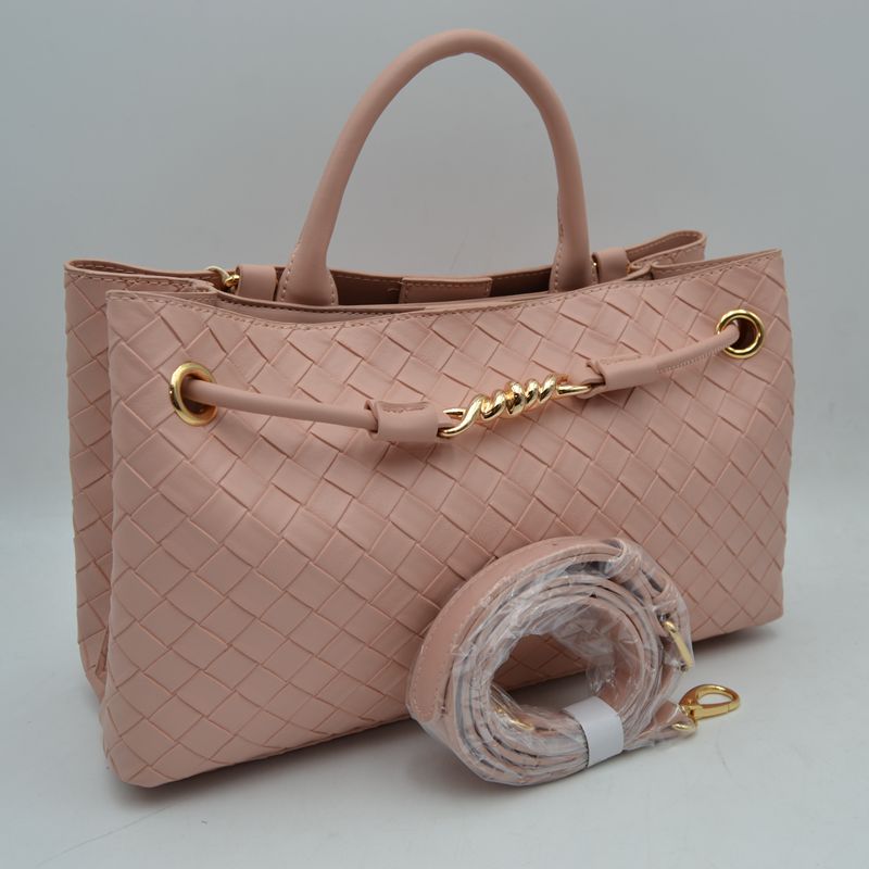 Woven Checkerboard Top-Handle Tote Bag with Detachable Crossbody Strap - Blush - Tote Bag