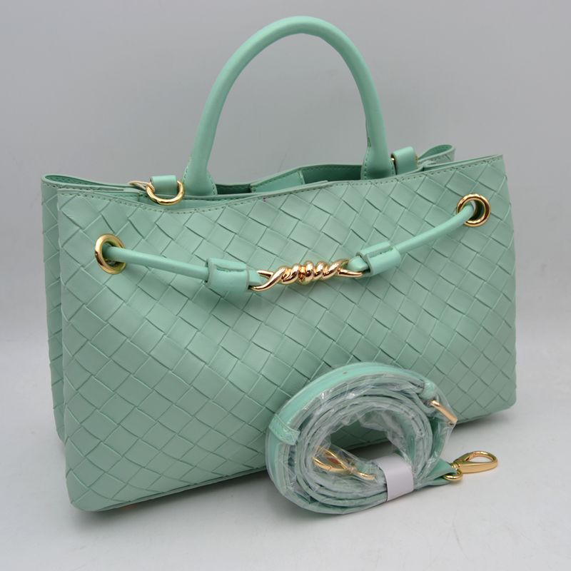 Woven Checkerboard Top-Handle Tote Bag with Detachable Crossbody Strap - Sage - Tote Bag