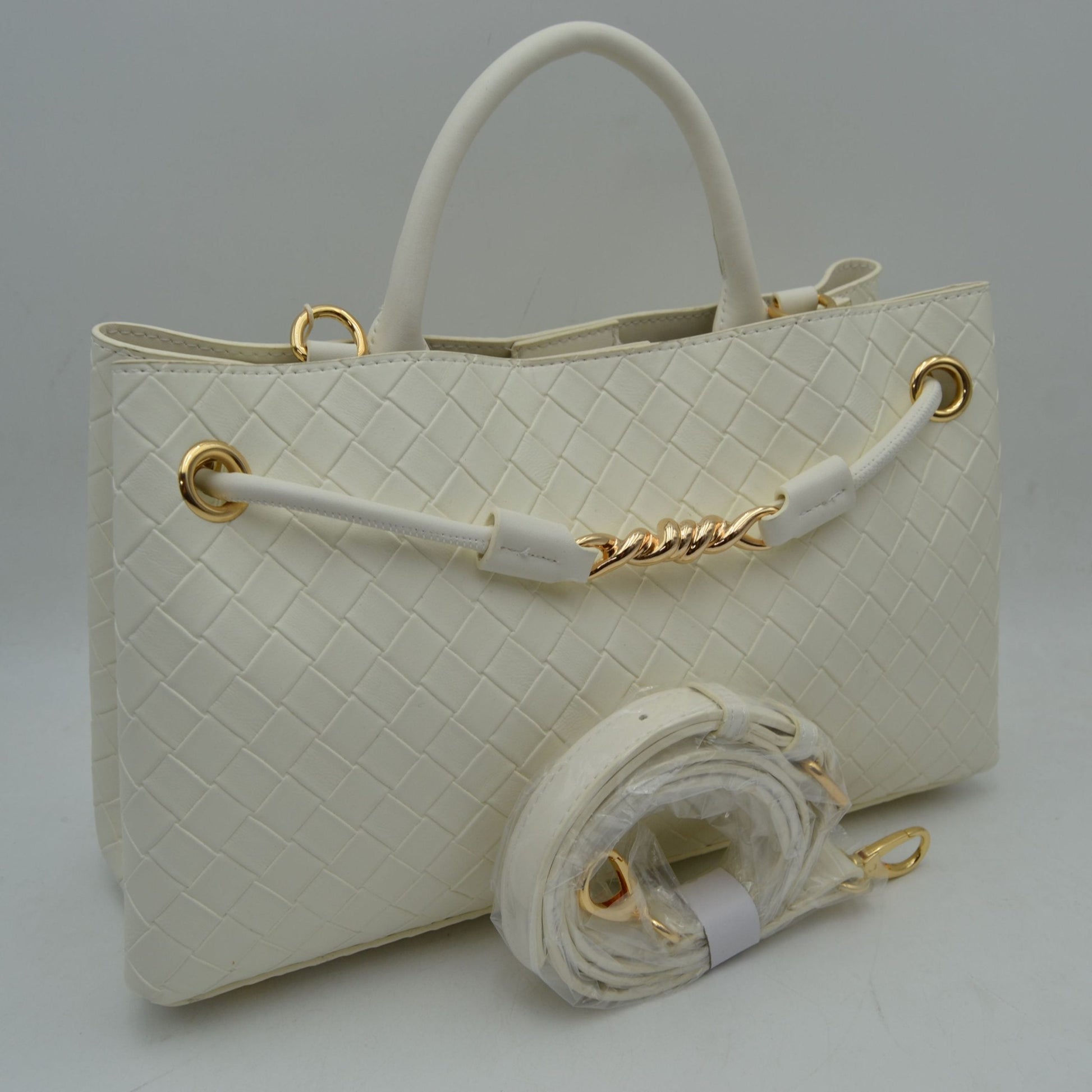 Woven Checkerboard Top-Handle Tote Bag with Detachable Crossbody Strap - Clear White - Tote Bag