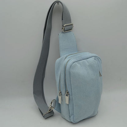 Multi-Zipper Sling Bag with Adjustable Crossbody Strap - Light Denim - Sling Bag