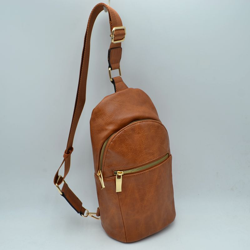 Structured Sling Bag with Contrast Zipper Detail - Brown - Sling Bag