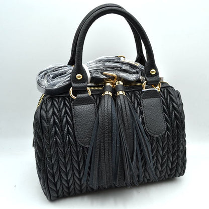 Quilted Chevron Satchel Handbag | Textured Top-Handle Crossbody Purse - Black - Crossbody Bags