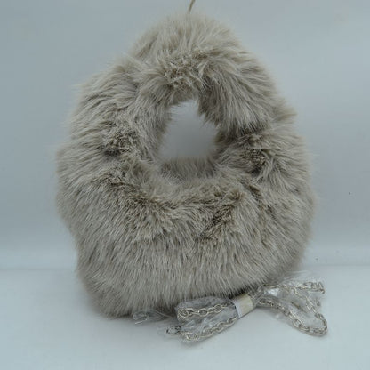 Fluffy Plush Handbag with Integrated Top Handle and Chain Strap - Stone - Handbags