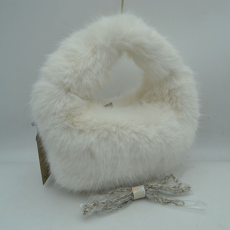 Fluffy Plush Handbag with Integrated Top Handle and Chain Strap - Clear White - Handbags
