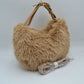 Plush Faux Fur Hobo Handbag with Adjustable Top Handle and Strap - Taupe - Handbags