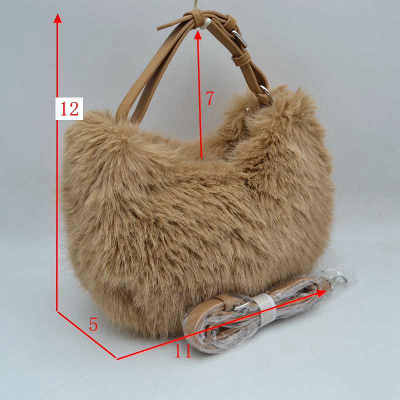 Plush Faux Fur Hobo Handbag with Adjustable Top Handle and Strap - Handbags