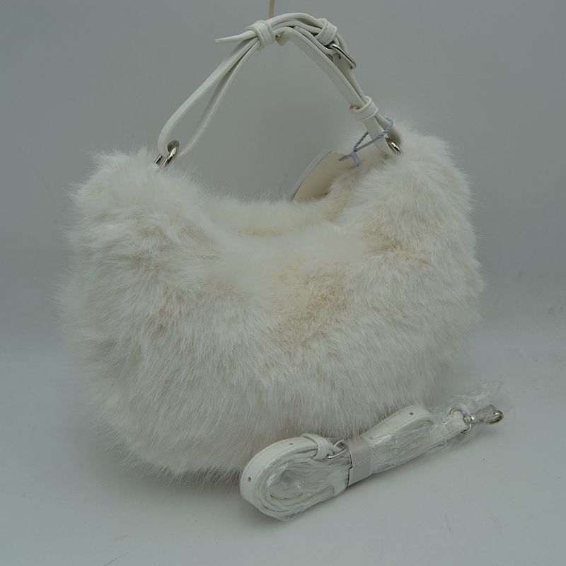 Plush Faux Fur Hobo Handbag with Adjustable Top Handle and Strap - Clear White - Handbags