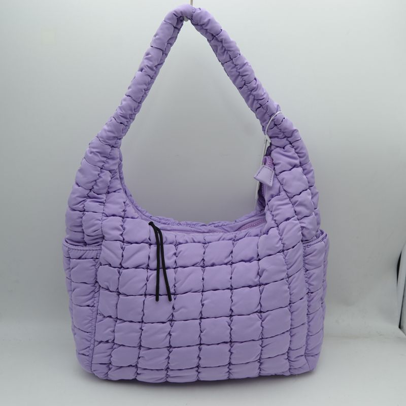 Quilted Puffer Hobo Shoulder Bag with Side Slip Pockets - Lavender - Shoulder Bag