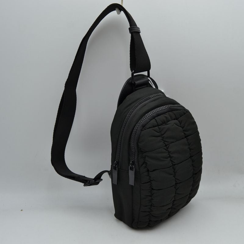 Ergonomic Puffer Sling Bag Multi-Zip Crossbody Backpack with Ruched Quilted Detail - Black - Backpacks