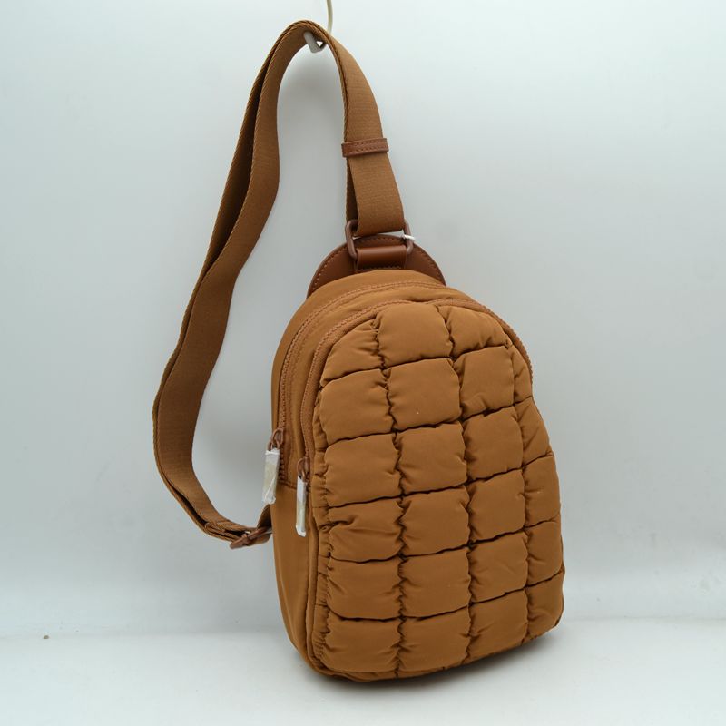 Ergonomic Puffer Sling Bag Multi-Zip Crossbody Backpack with Ruched Quilted Detail - Brown - Backpacks