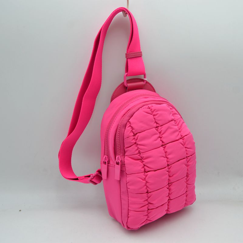 Ergonomic Puffer Sling Bag Multi-Zip Crossbody Backpack with Ruched Quilted Detail - Fuchsia - Backpacks