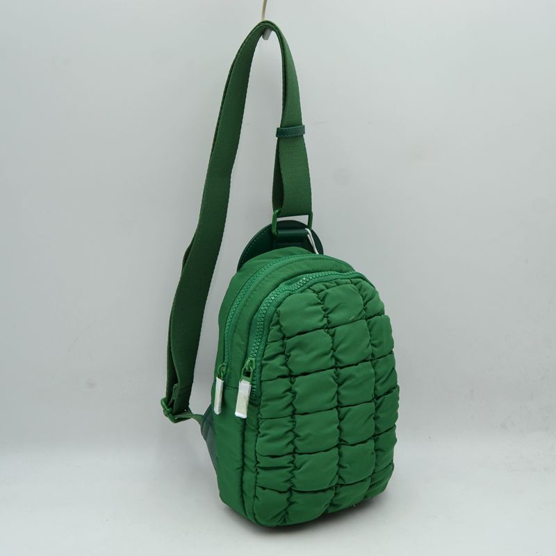 Ergonomic Puffer Sling Bag Multi-Zip Crossbody Backpack with Ruched Quilted Detail - Olive - Backpacks