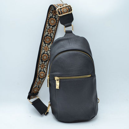 Floral Pattern Strap Sling Bag with Zipper Pockets - Black - Sling Bag