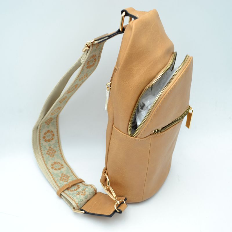 Floral Pattern Strap Sling Bag with Zipper Pockets - Black - Sling Bag