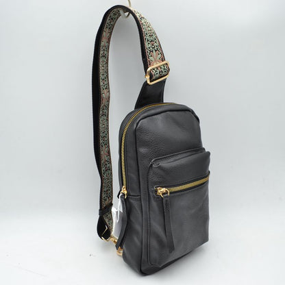 Patterned Strap Sling Bag with Zipper Pockets - Black - Sling Bag